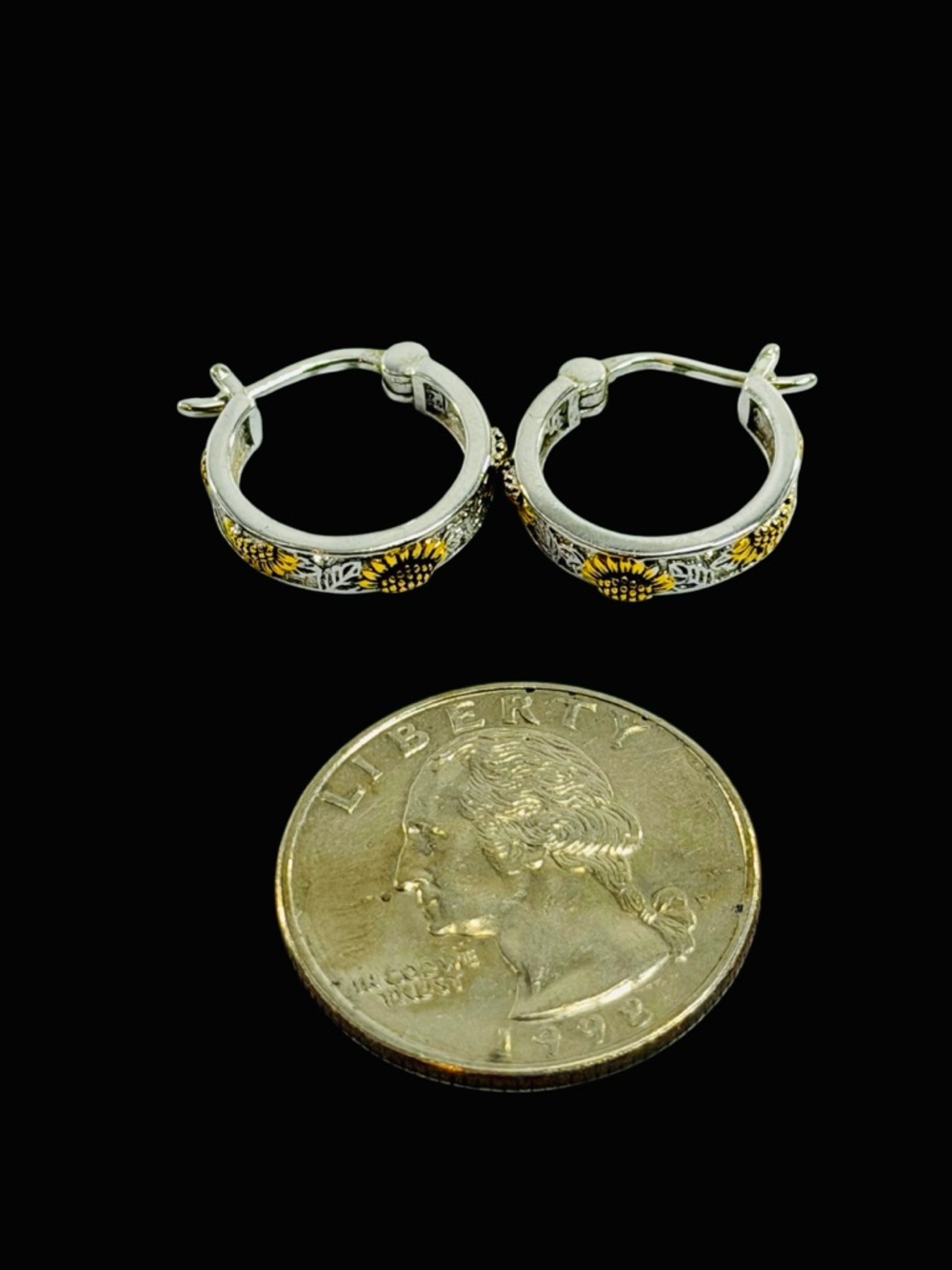Poplyke Sterling Silver 925 Sunflower Hoop Earrings Floral Hinge Back Snap Close - Picture 9 of 10
